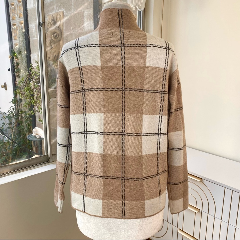 Rachel Zoe Neutral Plaid Mock Neck Sweater Cozy Winter Minimalist Knit, Size M - Picture 7 of 8